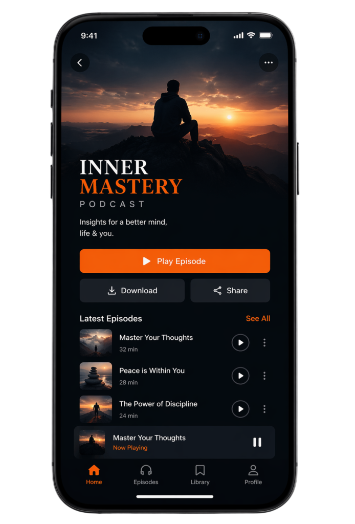 Podcast app displaying episode list.