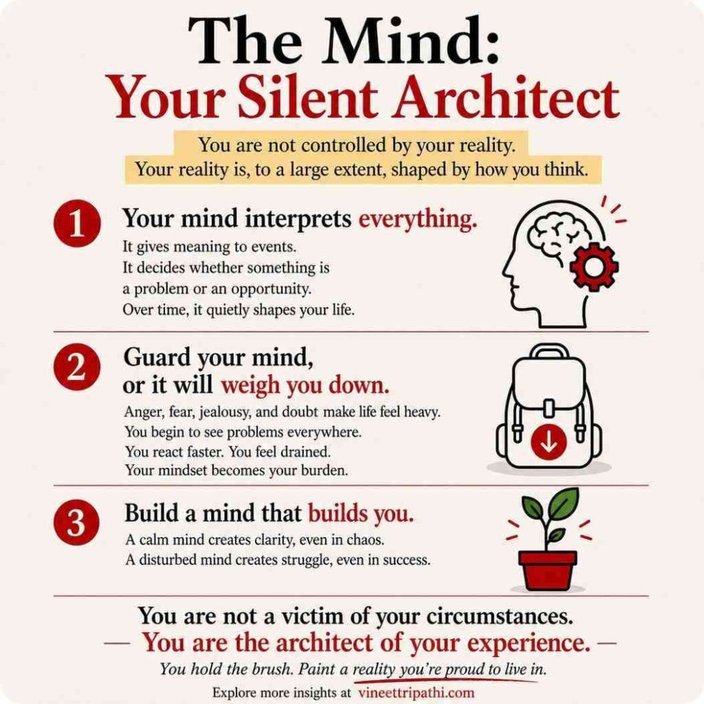 The Mind: Your Silent Architect,' illustrating the steps to unlock the power of mindset to shape your reality and build inner clarity.